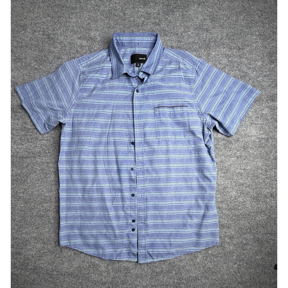 Hurley Nike Dri-Fit Short Sleeve Button Up Shirt Men's L Blue Casual Polyester